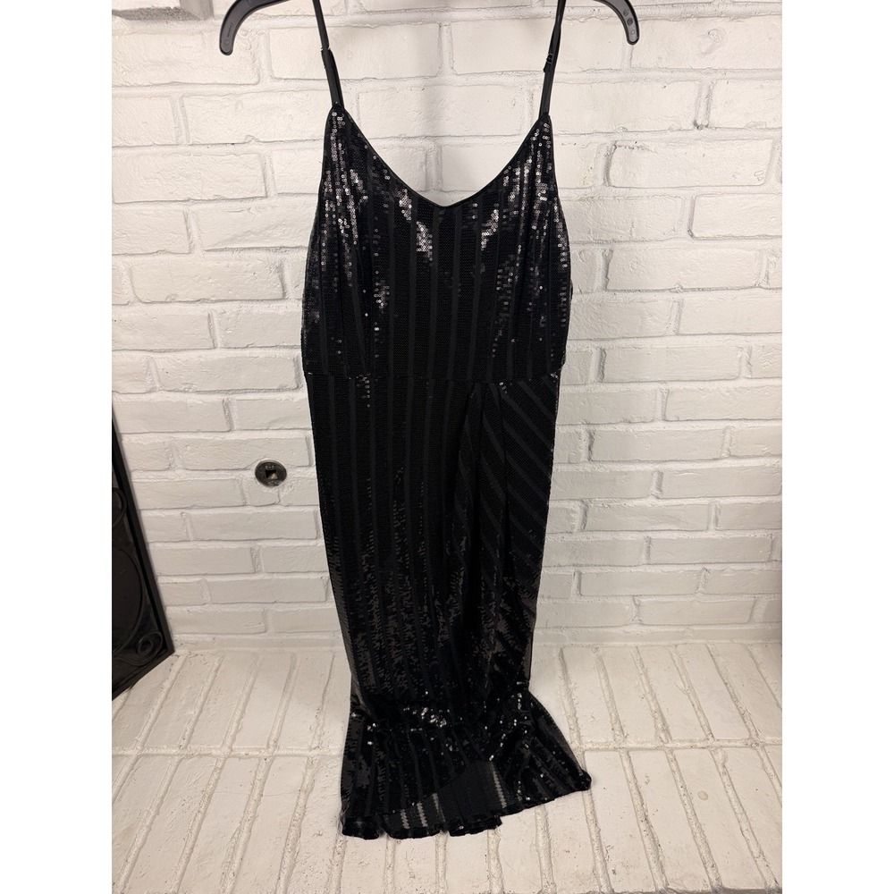 Sequin Nanette Lepore Size 14 Black Striped Sleeveless Maxi Evening Dress